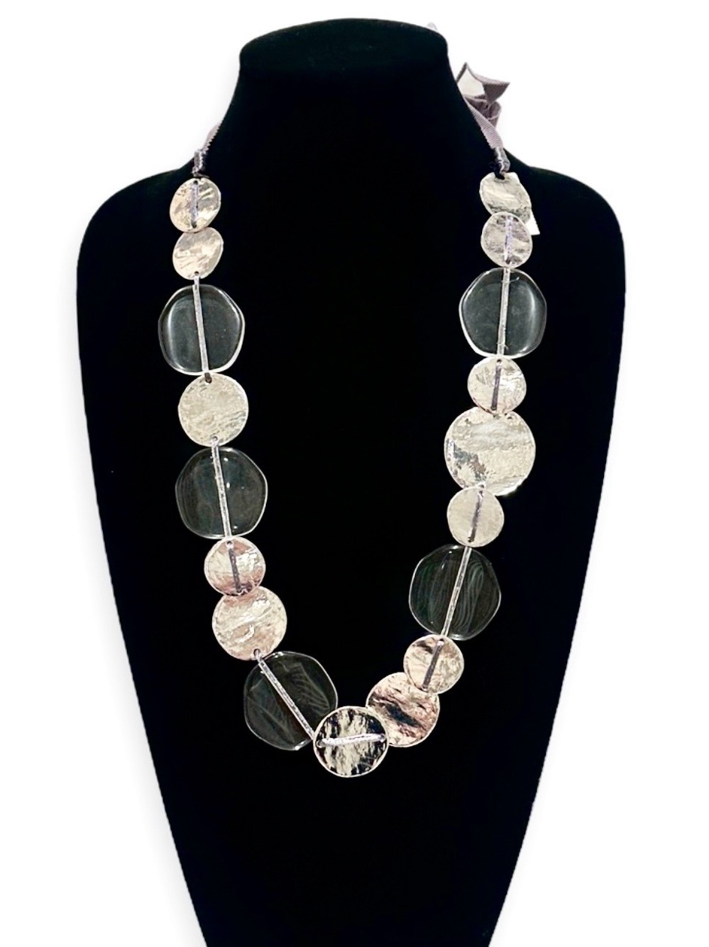CHICO’s CONTEMPORARY | Long Clear Glass & Silver Disc Gray Ribbon Necklace | NWT